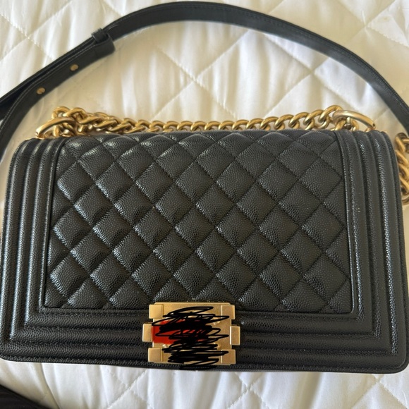 Black Quilted Leather Bag with Gold Chain - Picture 3 of 14